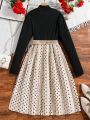 Teen Girls' Polka Dot Patchwork Long Sleeve Dress