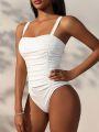 SHEIN Swim Vcay Women'S Solid Color Pleated One Piece Swimsuit