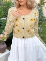 SHEIN WYWH Women'S Sunflower Embroidery & Hollow Out Cardigan