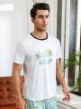 Men'S Short Sleeve Homewear Top With Car & Coconut Tree Print