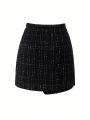 Teen Girls' Plaid A-Line Skirt With Diagonal Button Decor