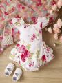 Baby Girls' Casual Floral Print Flying Sleeve Bodysuit With Ruffle Hem For Daily Wear, Summer