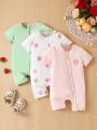 Baby Girl's 3pcs/Set Casual And Cute Strawberry Printed Short Sleeve Romper With Front Button, Loose Fit And Comfortable Elastic Soft Shorts