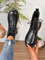 2023 New Fashionable Lace-up Flat Round Toe Motorcycle Boots, Black