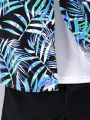 SHEIN Kids SUNSHNE 3pcs/Set Boys' Fashionable,Tropical Pattern Printed Casual Shirt, Solid Color T-Shirt And Shorts Set, Comfortable