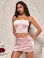 SHEIN BAE Women 2pcs Romantic Valentine's Day Color Block Bowknot Strap Tank Top And Low Waist Skirt Set