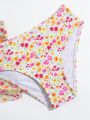 Little Girls' Floral Print Bikini Set With Cami Top, Briefs 3pcs/Set