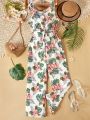 Teenage Girls' Tropical Plant Printed Jumpsuit With Belt For Vacation