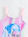 Young Girls' One-Piece Swimsuit With Mermaid Scale & Letter Print