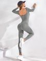 Yoga Jumpsuit With Crop Top / Deep U Neckline / Long Sleeve / Butt Lifting And Tummy Control / Suitable For Sports And Cycling