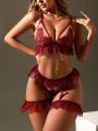 Classic Sexy Women'S Sexy Lace Splicing & Sheer Mesh Hollow Out Lingerie Set