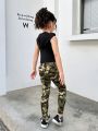 SHEIN Kids Y2Kool Young Girls' Sports Sweet Cool Camouflage Knitted Hooded Tank Top Set