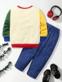 SHEIN Kids QTFun Toddler Boys' Cute Comfortable Cartoon Car Pattern Color Block Round Neck Sweatshirt And Jeans-Looking Long Pants Outfits