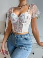 Women's Single Piece Embroidered Mesh Tulle Splice Bubble Sleeve Top With Steel Ring For Outside Wearing Bra At Music Festival