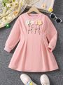 Young Girl Floral Patched Fold Pleated Sweatshirt Dress