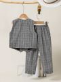 SHEIN Toddler Boys' Gentlemen Plaid Vest And Pants Suit