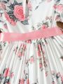 SHEIN Kids FANZEY Girls' Elegant Printed Puff Sleeve Dress With Pleated Hem And Waist Belt