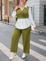 SHEIN Privé Plus Size Colorblock Shirt With Belt And Solid Color Straight Pants Two Piece Set