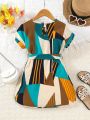 SHEIN Kids SUNSHNE Toddler Girls' Geometric Printed Belted Dress