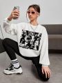 Teen Girls' White Casual Round Neck Cartoon Pattern Long Sleeve Sweatshirt, Suitable For Autumn And Winter