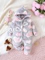 Baby Girls' Love Heart Pattern Hooded Fleece Jumpsuit