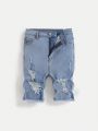 SHEIN SHEIN Tween Boys' Ripped Frayed Washed Blue Denim Shorts, For Spring And Summer Tween Boy Outfits