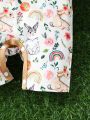 Baby Rabbit & Floral Print Ruffle Trim Romper With Headband