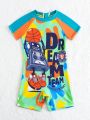 Baby Boy Letter & Cartoon Printed Short Sleeve One Piece Swimsuit