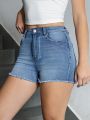 SHEIN Teen Girl High Waisted Slim Fit Elastic Washed Denim Shorts For Casual Wear