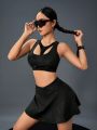 Textured Faux Leather Crossed Waistband Skirt & Sportswear Set