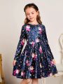 SHEIN Kids QTFun Tween Girl Floral Print Velvet Dress
