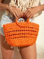 SHEIN VCAY Hollow Out Double Handle Solid Woven Satchels