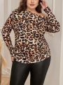 SHEIN Clasi Plus Size Leopard Print Irregular Neckline T-shirt