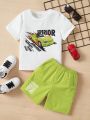 SHEIN Kids EVRYDAY Toddler Boys' Car & Letter Print Casual Short Sleeve Shirt And Shorts Set