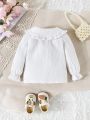 Baby Girls' 2024 New Arrival White Top With Ruffle Collar And Long Sleeves For Spring/Summer