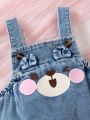Cute Baby Girl'S Denim Overalls With Bear Expression Pattern
