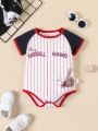 SHEIN Baby Boys' Casual Baseball Printed Short Sleeve Bodysuit, Suitable For Spring And Summer Outdoor Activities