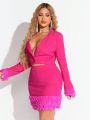 SHEIN SXY New Years Party Valentine'S Lovers Date Outfit Pink Feathered 2pcs Set Blazer & Skirt