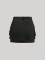 SHEIN Teen Girl Flap Pocket Buckle Detail Denim Skirt