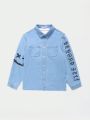 SHEIN Teen Boys' Casual Loose Fit Denim Shirt With Letter Print, Long Sleeve