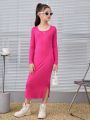 SHEIN Kids Y2Kool Big Girls' Sports Style Sweet & Cool Knitted Solid Color Bodycon Long Sleeved Dress