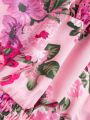 SHEIN Kids QTFun Girls' Woven Floral Square Neck Puff Sleeve Wrap Blouse