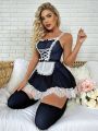 Contrast Lace Lace Up Front Maid Costume Dress & 1pair Stocking