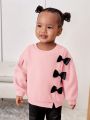 SHEIN Baby Girls' Cute Loose Fit Bow Tie Round Neck Thickened Fleece Sweatshirt