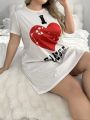 Plus Size Women'S Casual Sleep Dress With Slogan And Heart Print