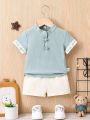 Baby Boys' Hanfu Style Short Sleeve Shirt With Chinese Knot Button And Shorts