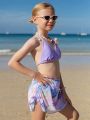 Big Girls' Triangle Cup Halter Bikini Swimsuit Set And Butterfly Printed Tie Dye Swimming Dress