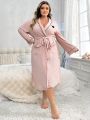 Plus Size Women'S Belted Robe With Heart Embroidery