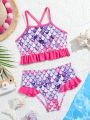 Little Girls' Fish Scale Printed Ruffled Separated Swimsuit Set