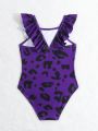 Young Girls' Purple Leopard Print Swimsuit (Random Print) With Ruffles Decoration And No Edge Locking